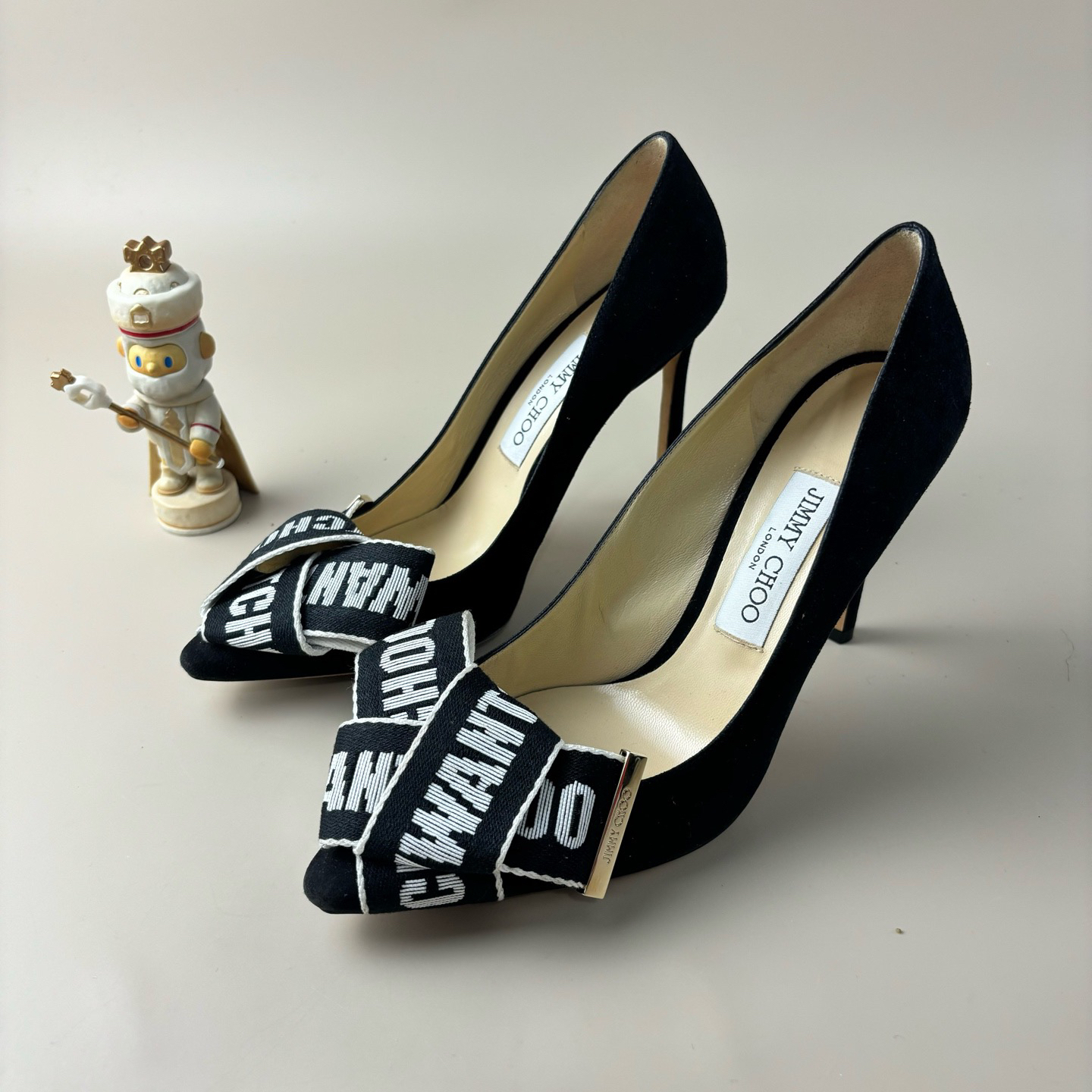 99新 JIMMY CHOO/吉米周 黑白字母绑带高跟鞋 37.5码 YLP3052