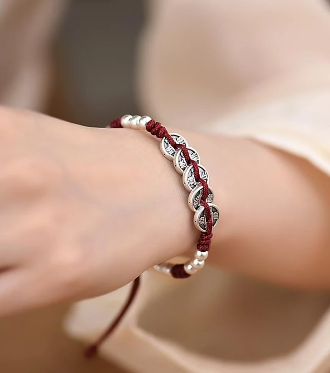 银制品 15号 五帝钱红绳手链