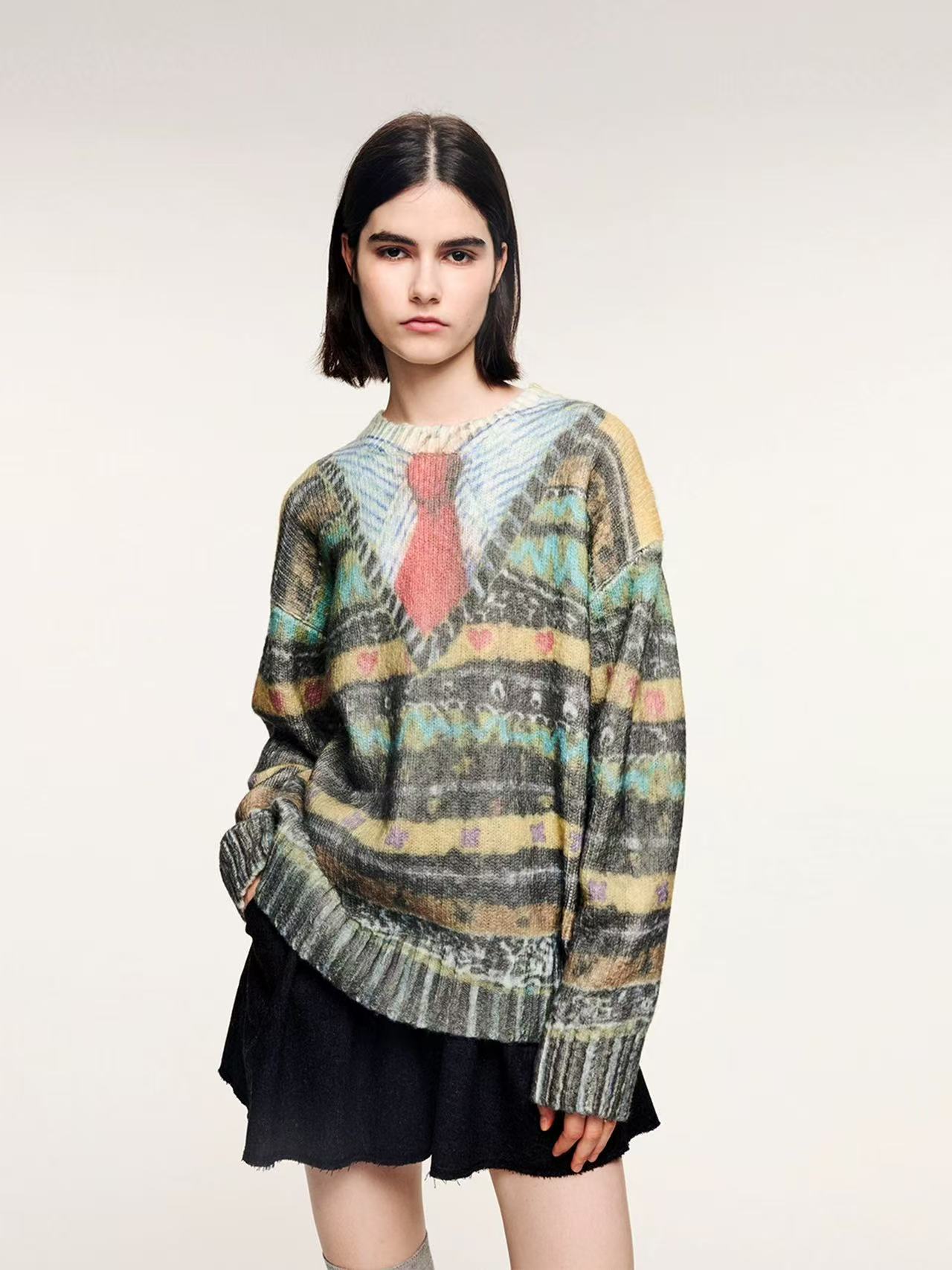 UOOYAA/乌丫2025冬季新款「奇幻都市」复古毛衣印花套头毛衫2799