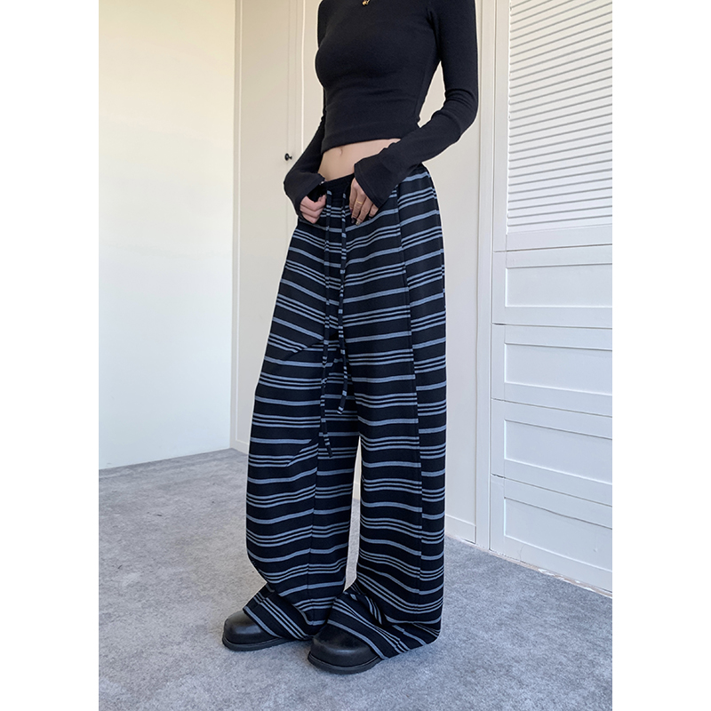 APH时尚条纹抽绳休闲阔腿裤女高腰垂感宽松设计显瘦长裤