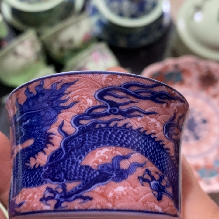 摆件陶红稀土龙纹釉里红马蹄杯