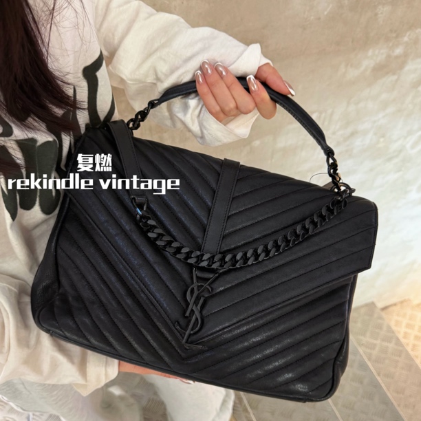 95新 YSL/圣罗兰 复燃精选/so black大号v纹邮差包