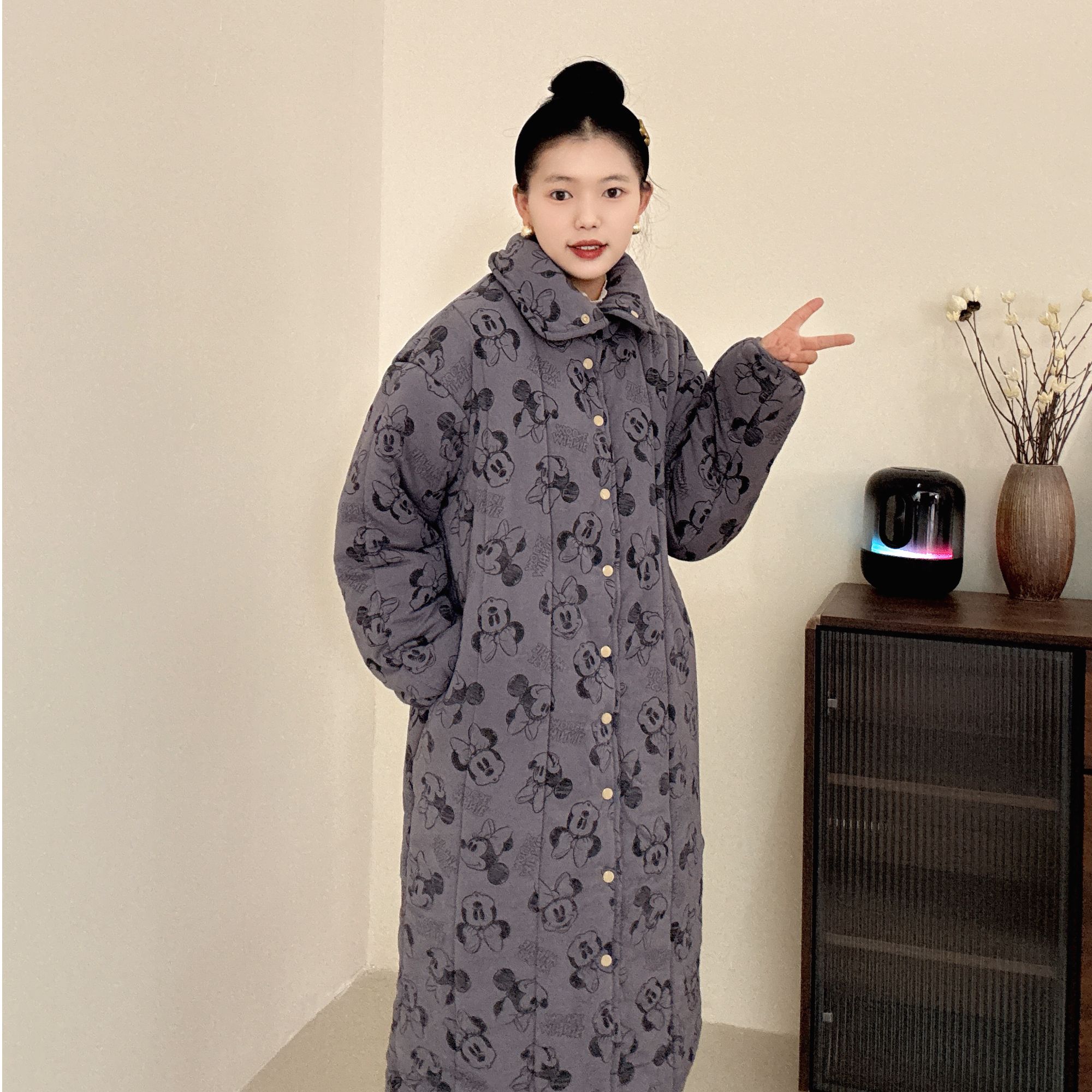 300g新疆棉【灰蓝米奇】立领直筒大长款家居服保暖棉衣棉服女省服