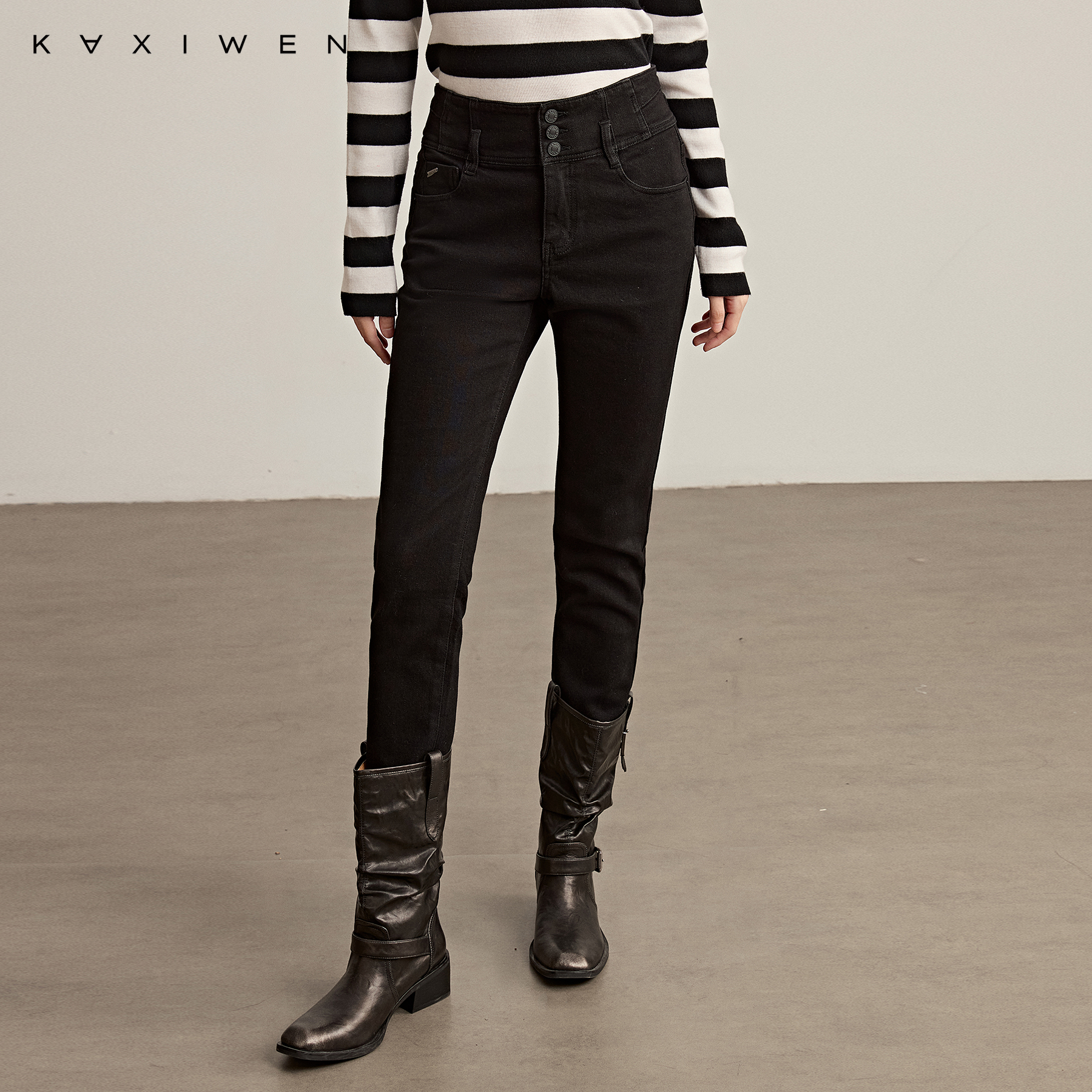 佧茜文气质显瘦牛仔裤【冬新】时尚通勤修身高腰黑色长裤X09BKN8616