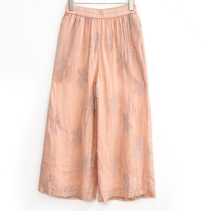 复古双层100支细苎麻内包边满绣文艺百搭显瘦长腿直筒裤