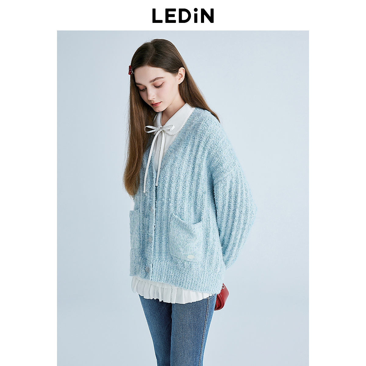 乐町肌理V领线开衫毛衣外套2769