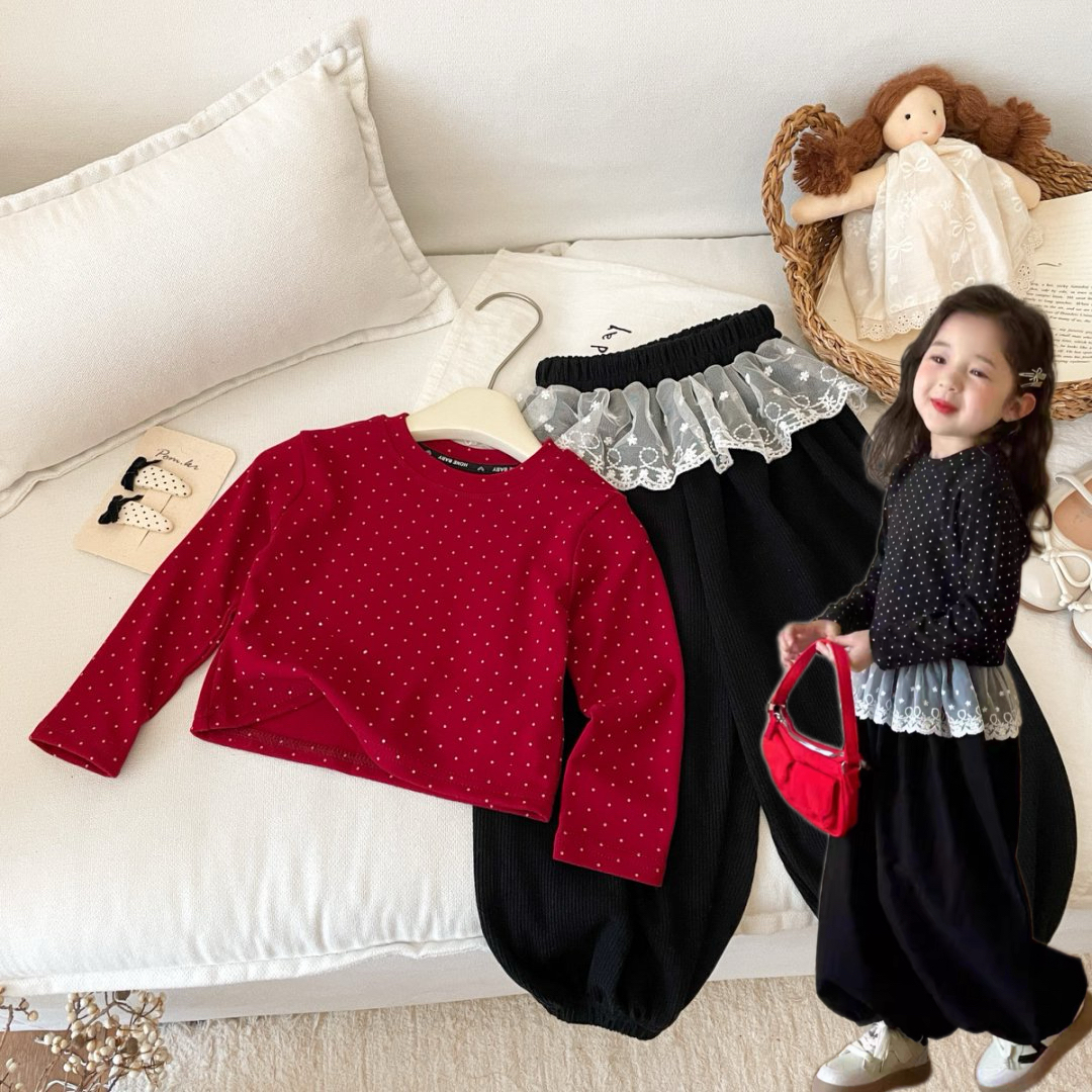 2025新款秋季波点女童套装波点上衣配蕾丝裤可爱洋气舒适韩版潮
