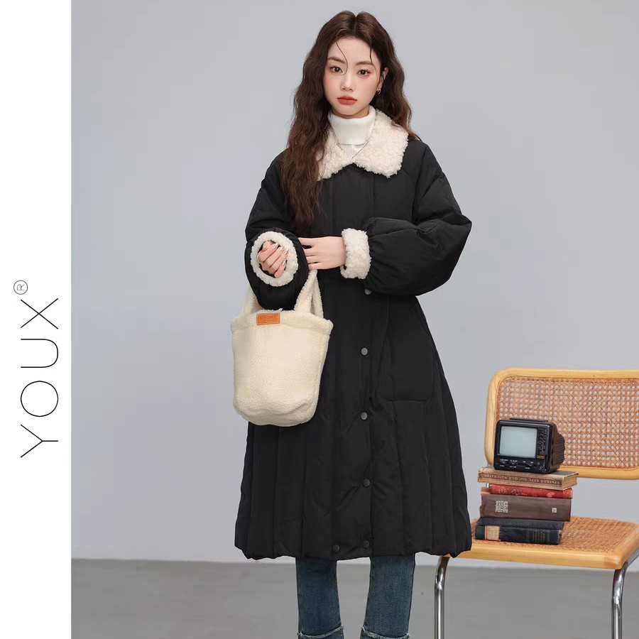 黑色女中长款冬季韩版时尚收腰加厚保暖白鸭绒外套大衣