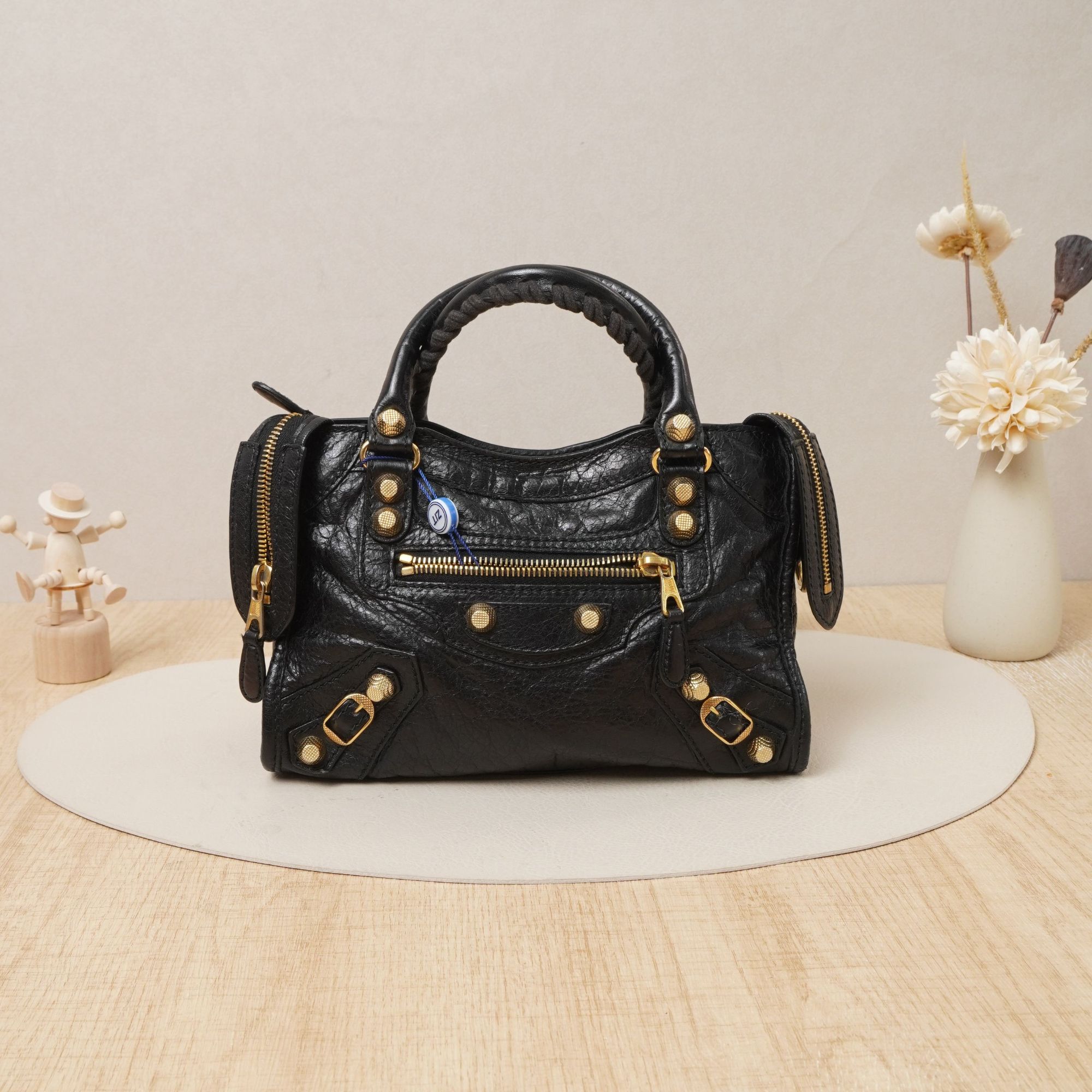 95新 Balenciaga/巴黎世家 巴黎世家机车包mini黑金牛皮/DS039058