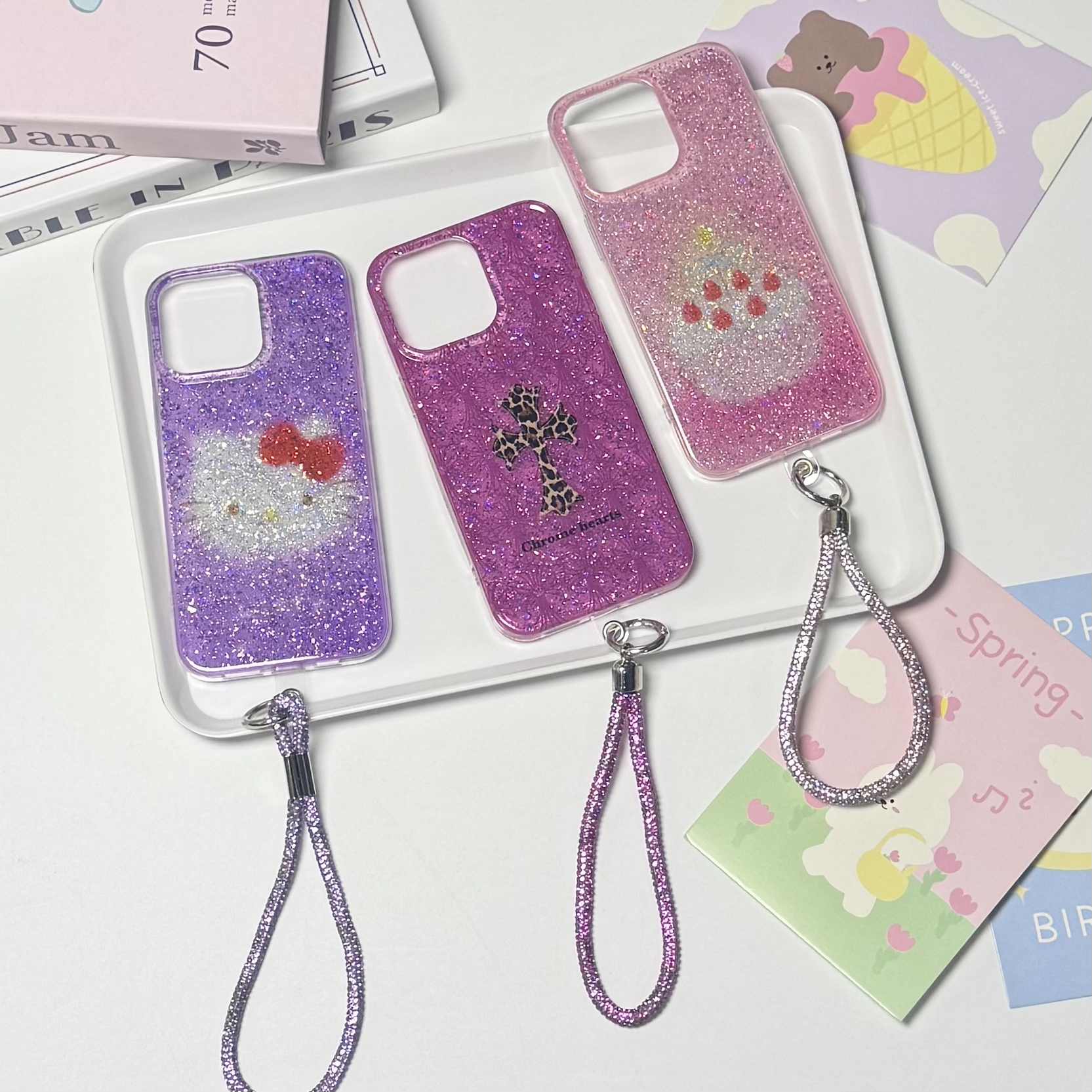 双层imd闪粉适用iPhone13/14/15/16promax镶钻手腕带手机壳创意