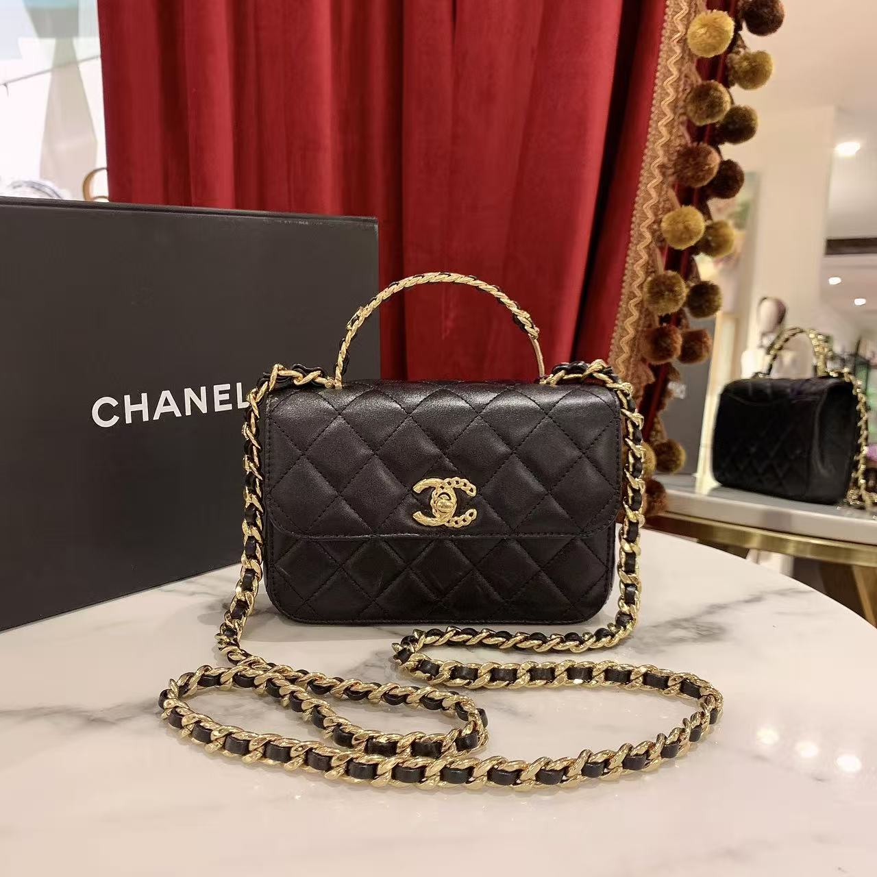 95新 Chanel/香奈儿 GGS单肩包黑金羊皮芯片款18672222