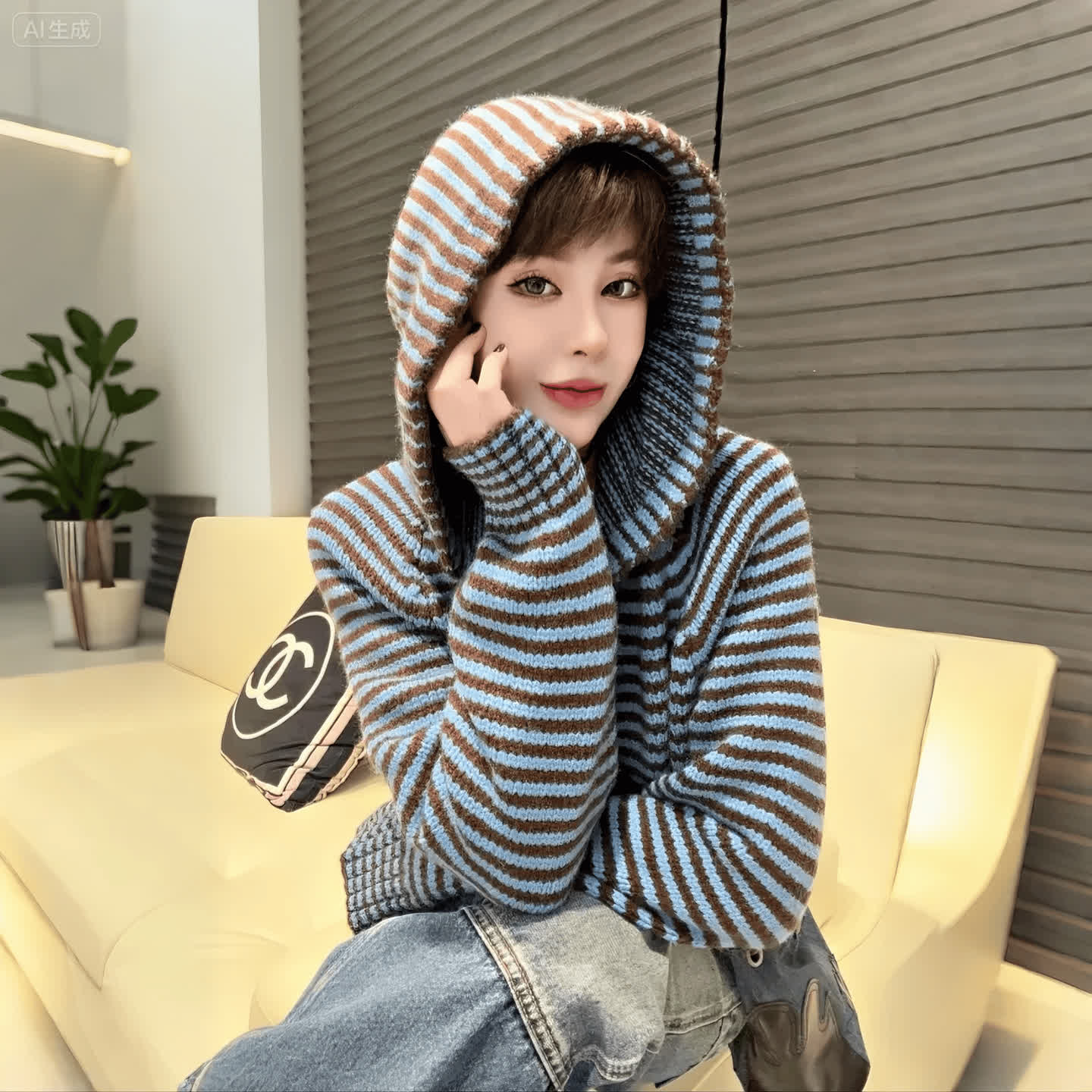 “条纹减龄”连帽拉链毛衣开衫
