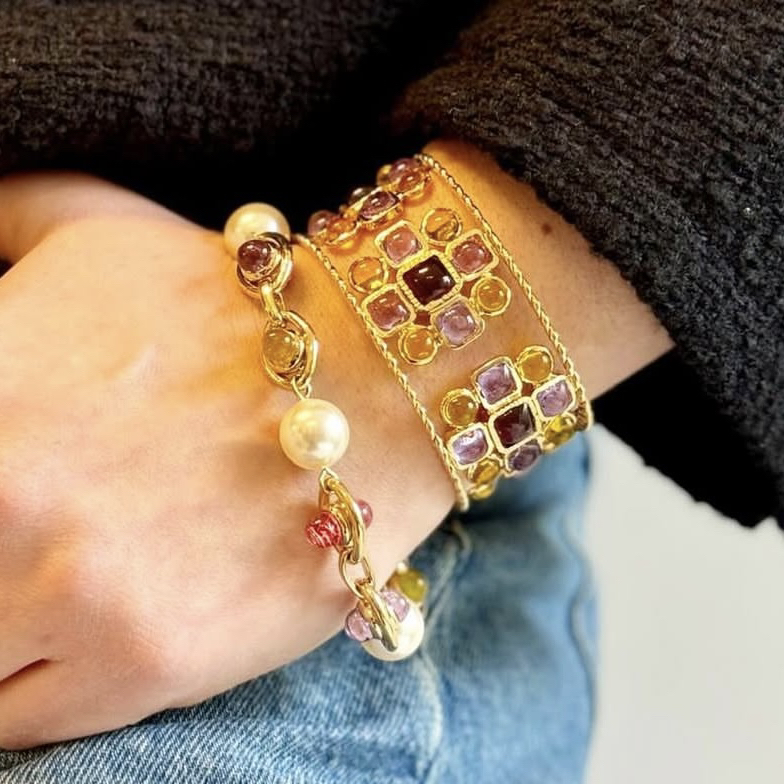 合金仿水晶手镯 法国gripoix 马赛克巴洛克镂空手镯