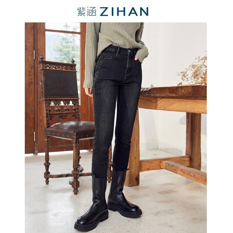 紫涵冬季新款弹力修身牛仔加绒小脚裤舒适Z1Z09CS021高腰小脚裤