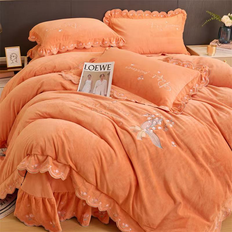 【晴美】加厚牛奶绒刺绣四件套-铃兰花系列-橙色
