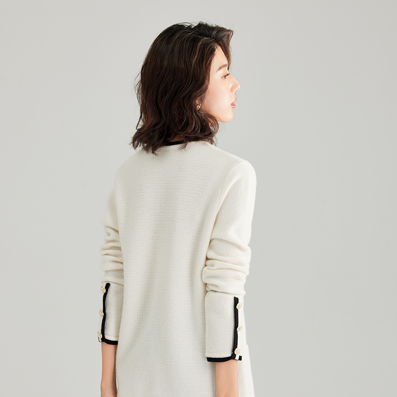 【100% 山羊绒】秋冬肌理纹撞色袖扣针织开衫女羊绒外套BC2109053