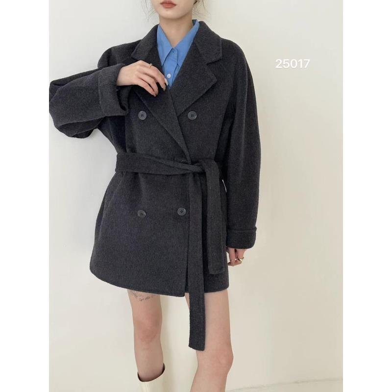 慵懒风女直下摆羊毛外套翻领常规双面毛呢外套呢大衣西装中长款