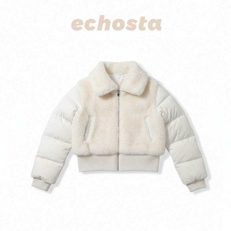 Echosta韩系拼接毛绒时尚百搭显瘦拉链保暖羽绒服外套