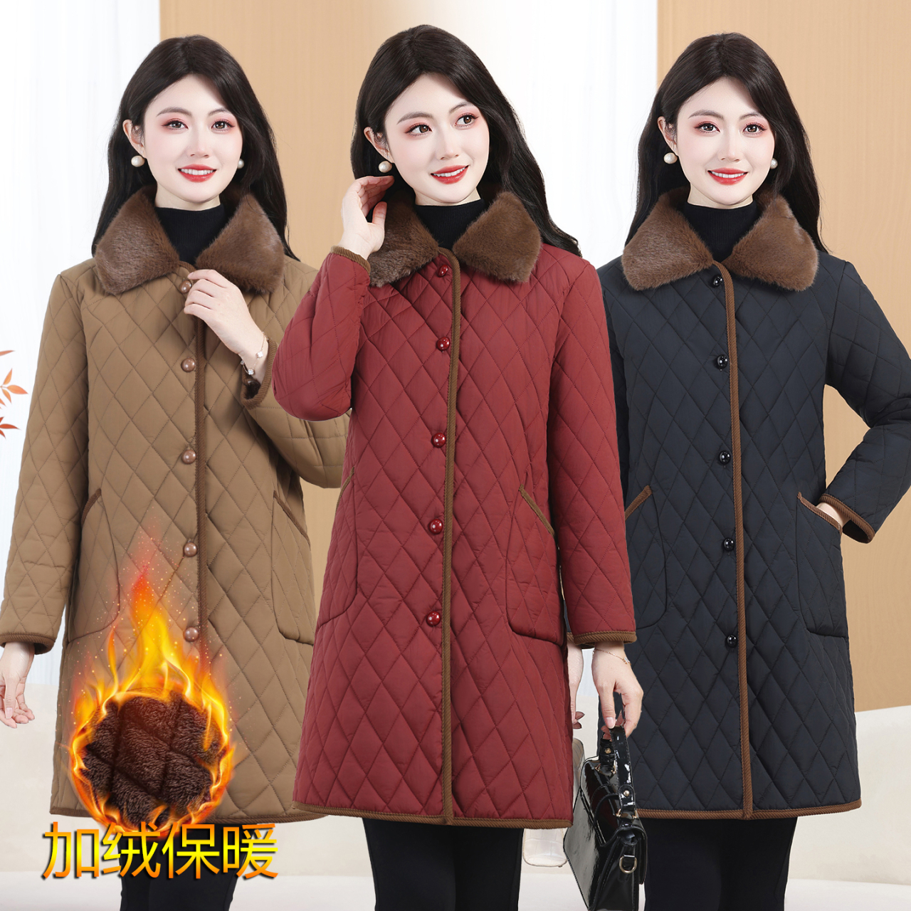 冬季新款妈妈装棉衣外套时尚加绒保暖翻领棉服中老年百搭加厚外套