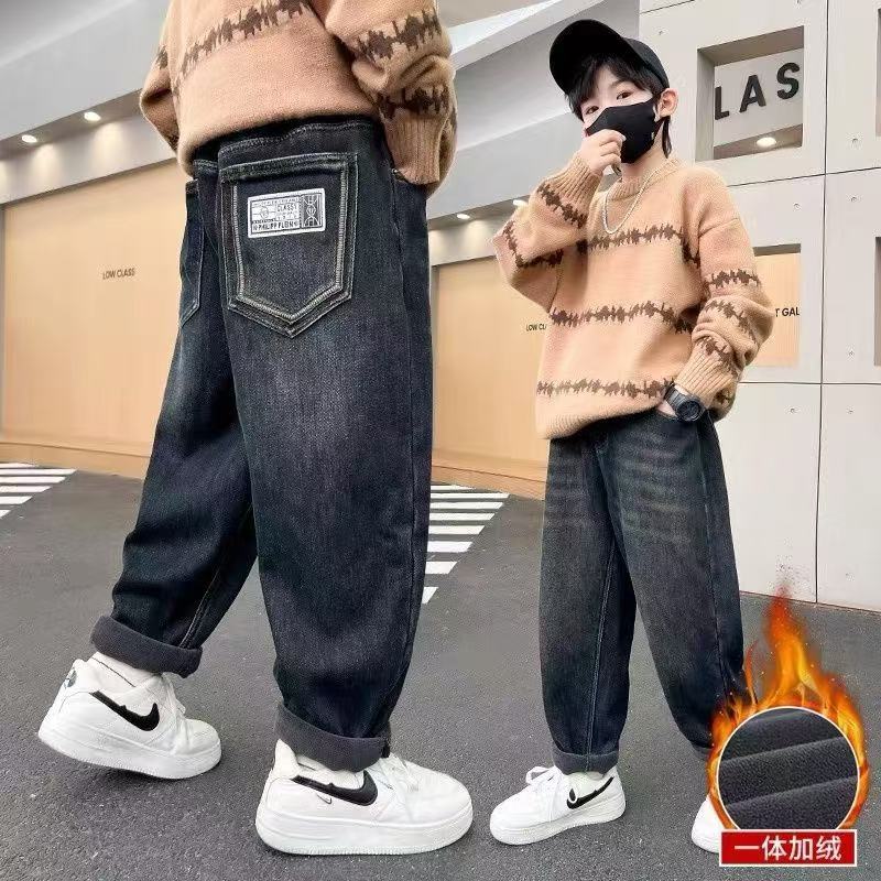 冬天男童加绒牛仔裤中大童一体绒保暖长裤加厚宽松长裤棉裤中大童