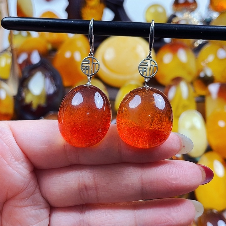 琥珀颈饰银S925镶嵌耳环