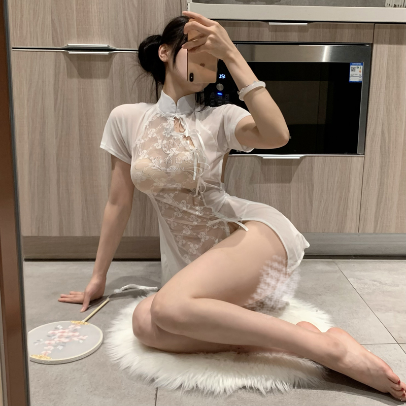 性感辣妹网纱睡裙镂空复古旗袍裙趣味火辣露背开叉绑带收腰连衣裙
