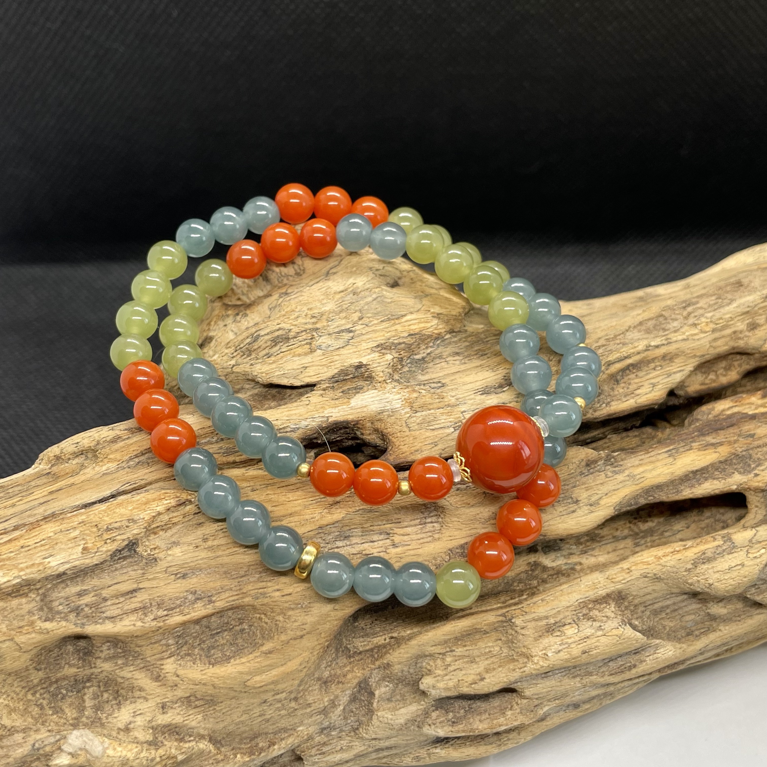 18K樱桃红南红高冰翡翠双圈手串 KT25041309