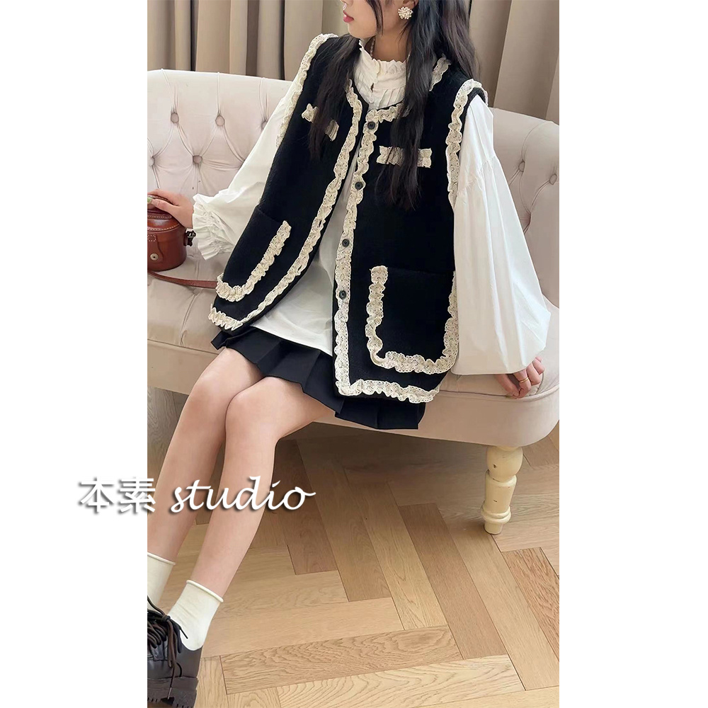 香风马甲M8497蕾丝花边拼接双口袋全开扣马甲