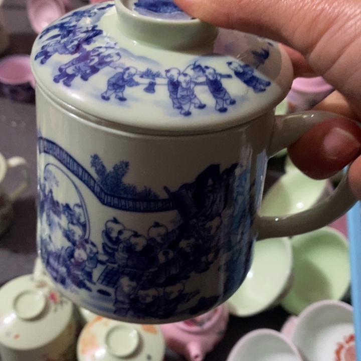 摆件瓷绿稀土百子图办公杯 带茶漏