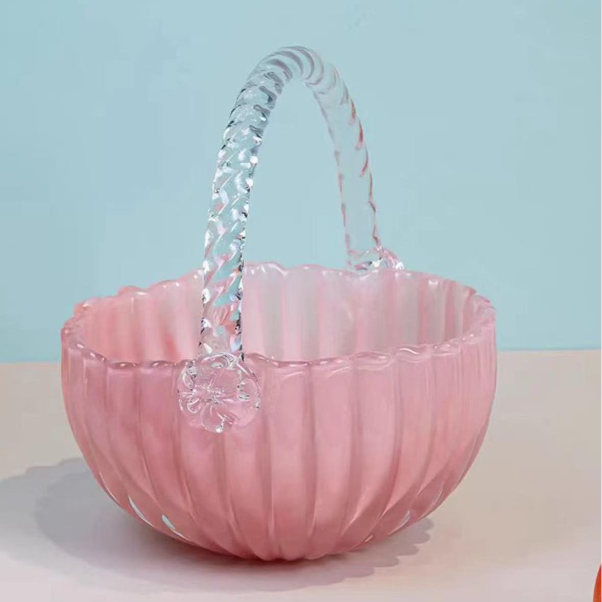 新粉色西瓜圆提篮琉璃水果篮桌面摆件24