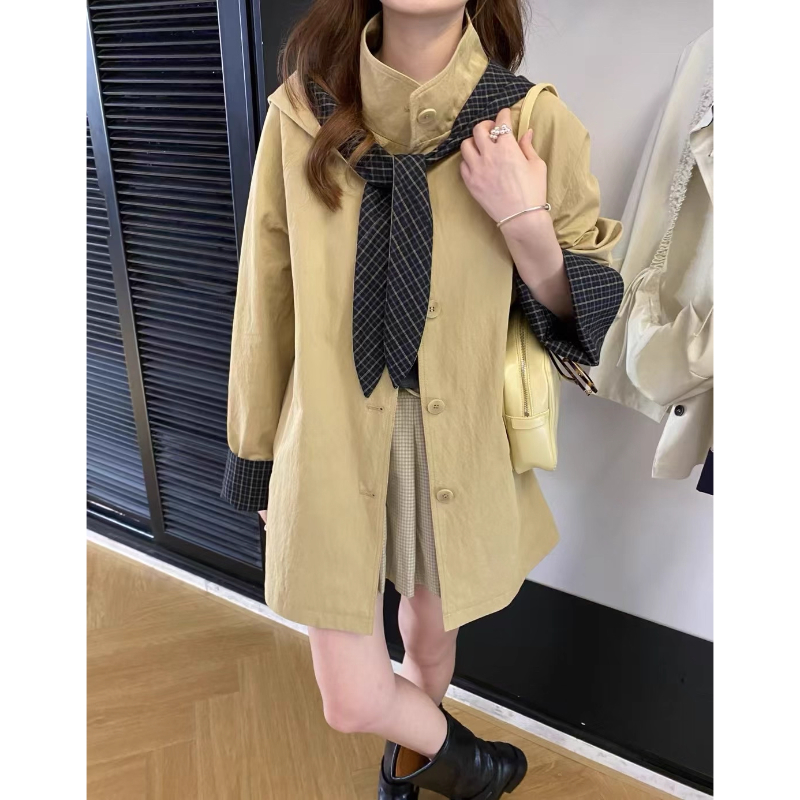 秋新款休闲百搭中长款风衣外套连帽披肩减龄格子撞色风衣中长款