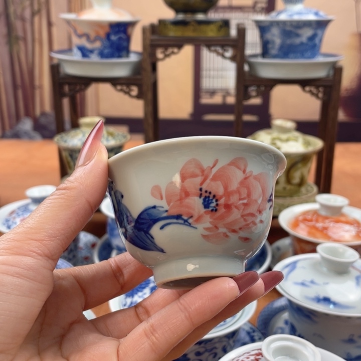 摆件陶手绘牡丹压手杯