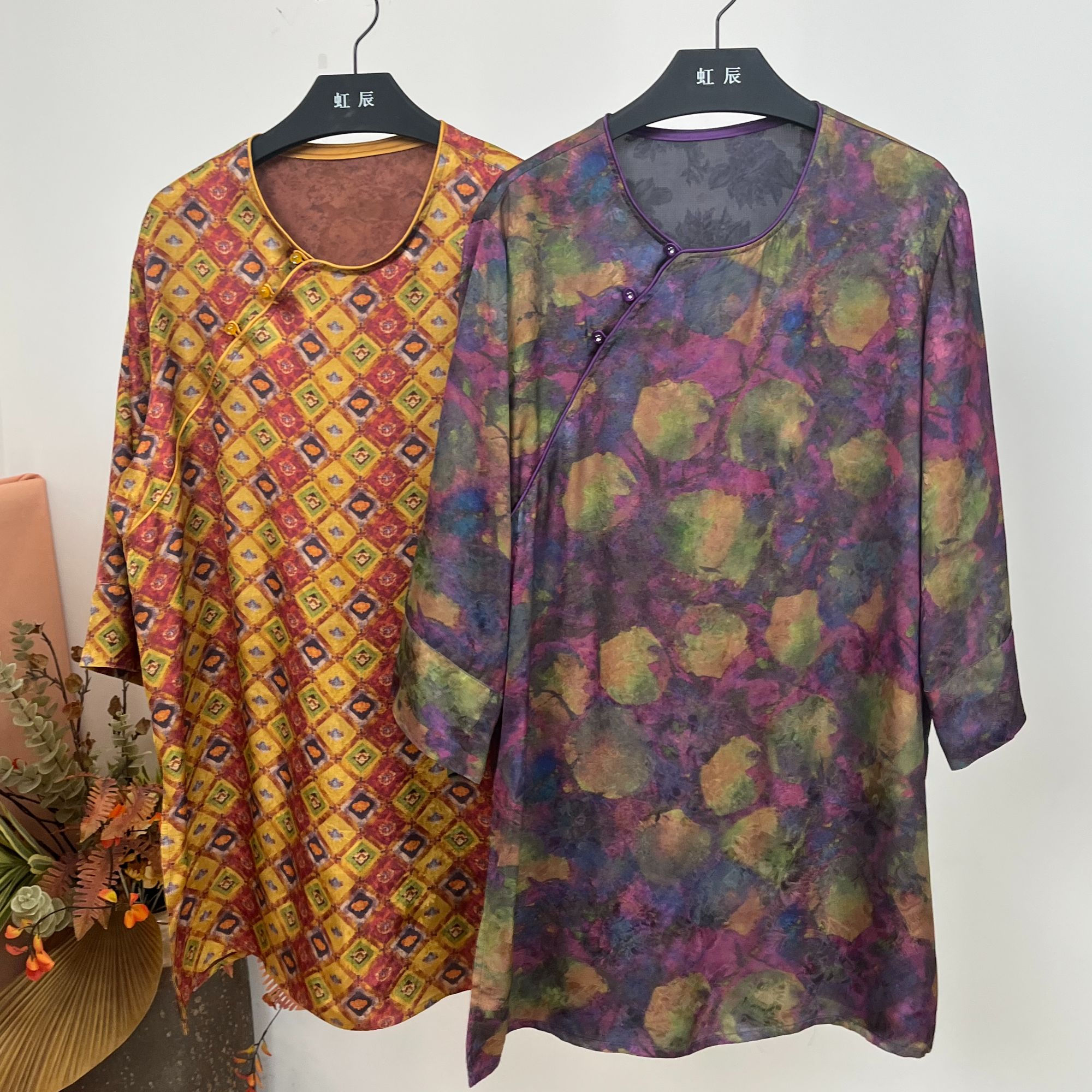 大码圆领斜门襟中式中长款上衣【7分袖】