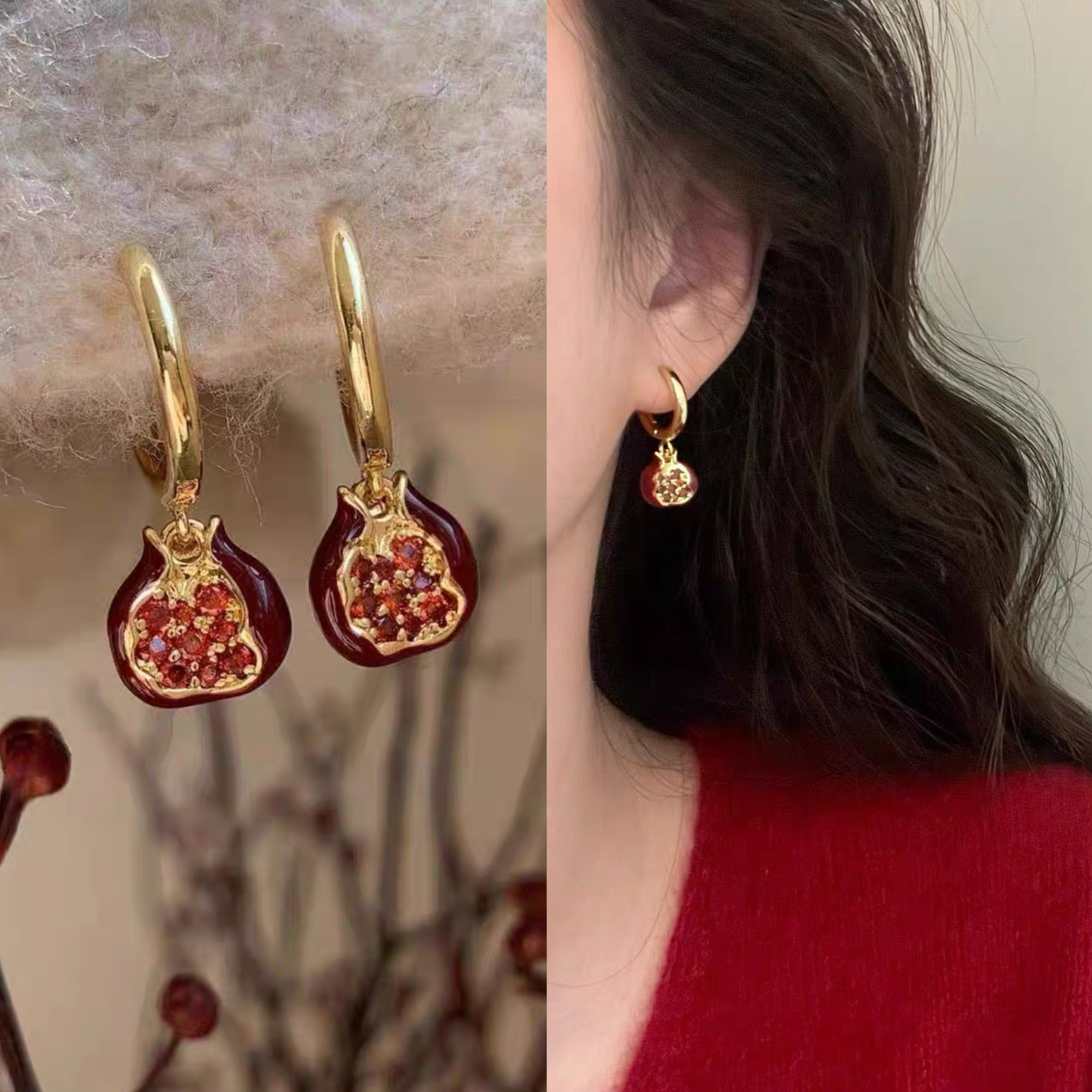无耳洞「石榴红了」复古安可拉红色石榴耳环小众无痛蚊香盘耳夹