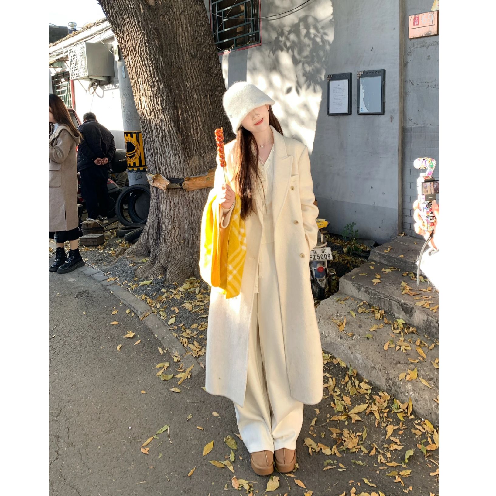 【首尔日落】2025绵羊毛大衣白色女士双排扣休闲双面羊呢大衣白色