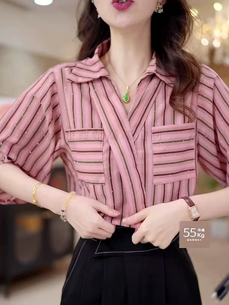 欧货复古简约条纹通勤衬衫女2025夏季新款衬衣今年流行的爆款上衣