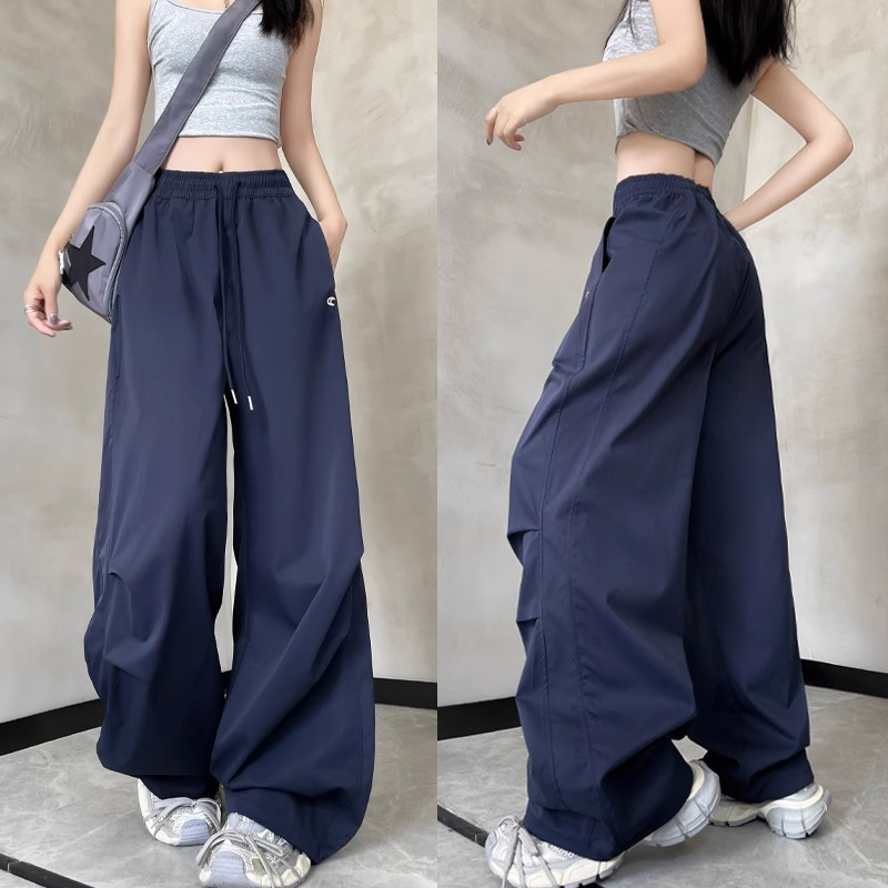 藏青色美式运动裤女夏季薄款休闲宽松小个子垂坠感速干阔腿工装裤