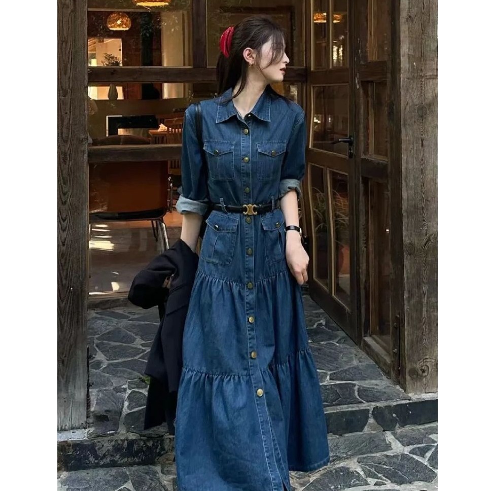 美式街头复古polo领气质牛仔连衣裙女秋季新款高级感洋气收腰长裙
