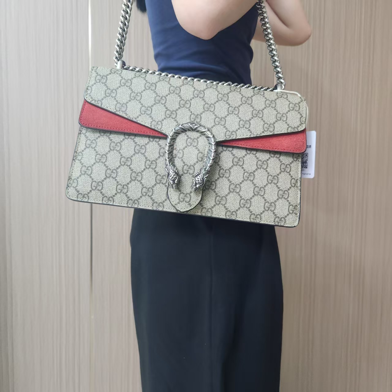95新 GUCCI/古驰  老花拼红酒神中号斜跨包/云海优选/68461