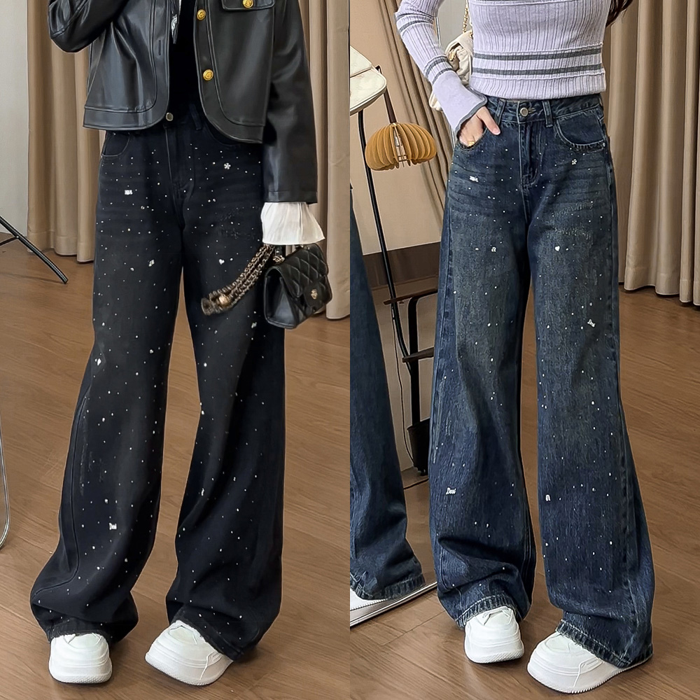 248黑色满天星烫钻直筒阔腿牛仔裤女秋季高腰显瘦遮肉设计感裤子