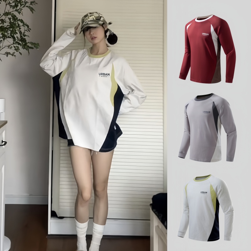 【色彩分割】美式复古印花长袖T恤/男女街头百搭潮流打底衫C1345