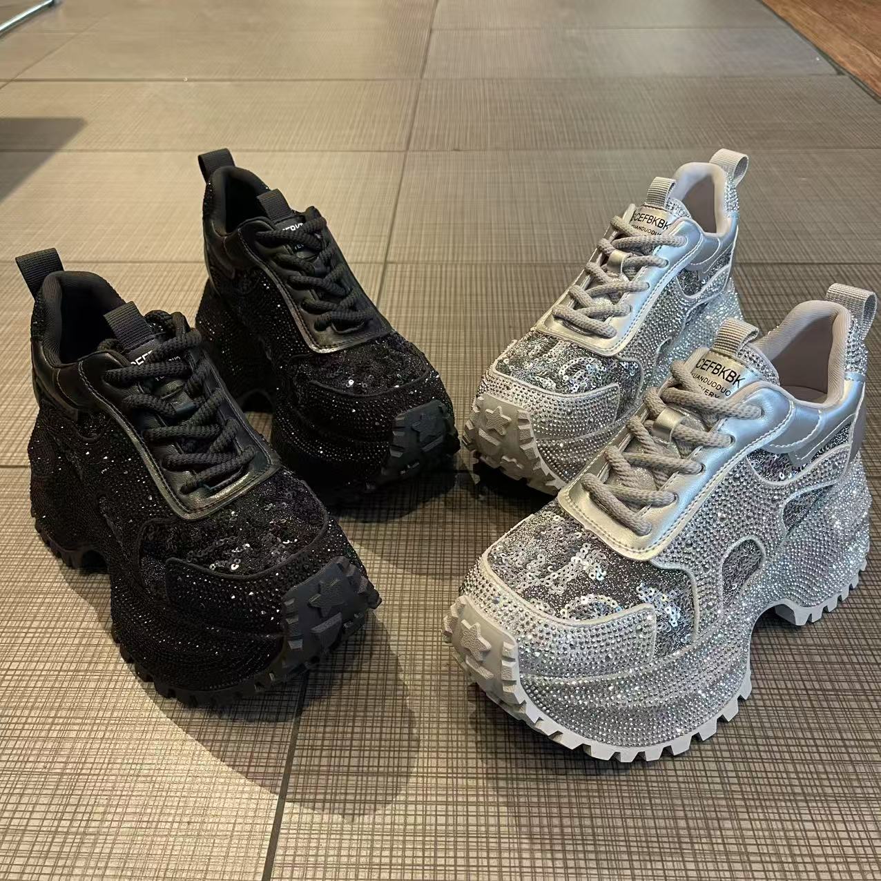 欧货水钻满钻系带松糕厚底老爹鞋女满天星小个子增高休闲运动鞋潮