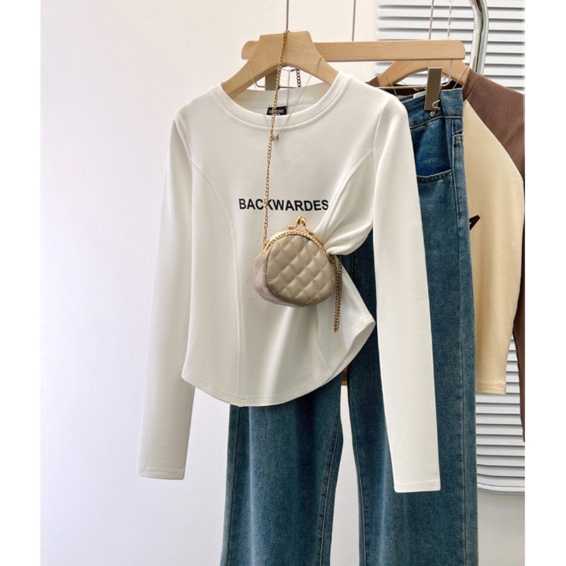 7010#白色正肩磨毛长袖t恤女秋冬2025新款修身显瘦打底衫内搭上衣