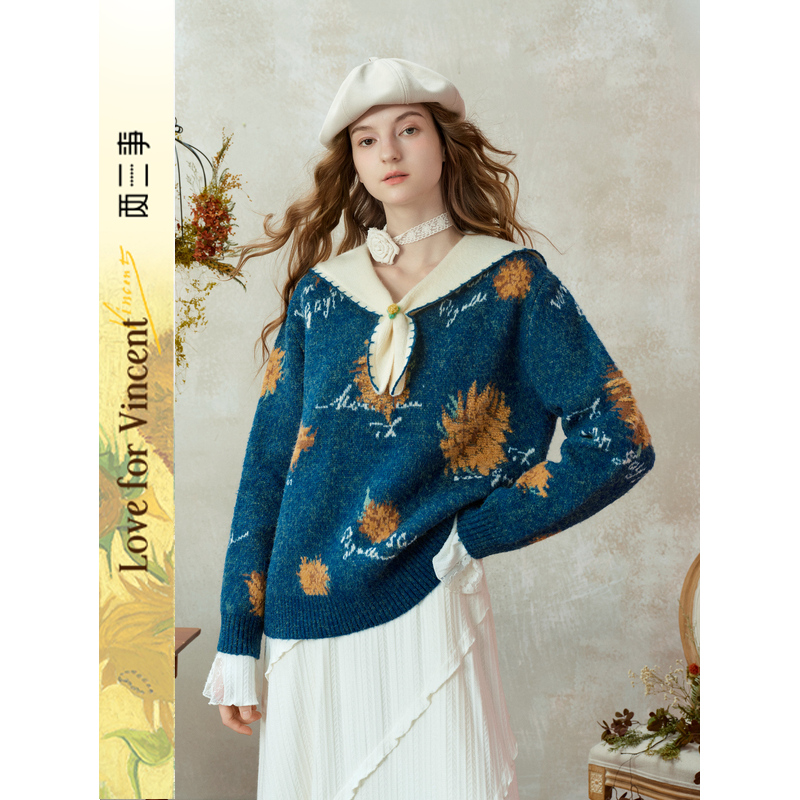 两三事梵高文艺葵与乐立体手钩花拼色海军领毛衣S25DMY058
