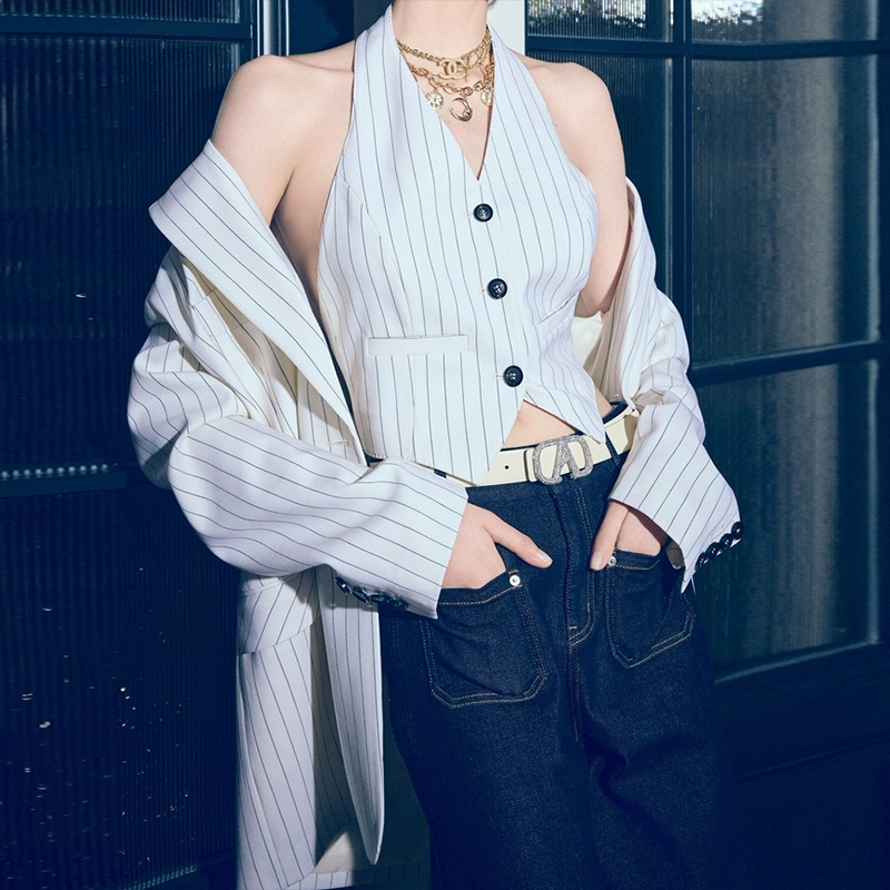 2025时尚V领条纹马甲女宽松显瘦休闲百搭西装两件套