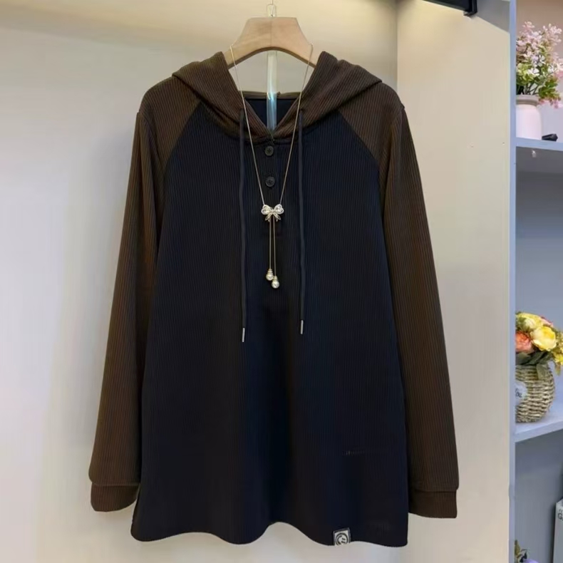 大码女装秋冬新款时尚卫衣女韩版洋气设计感拼色显瘦长袖打底衫潮