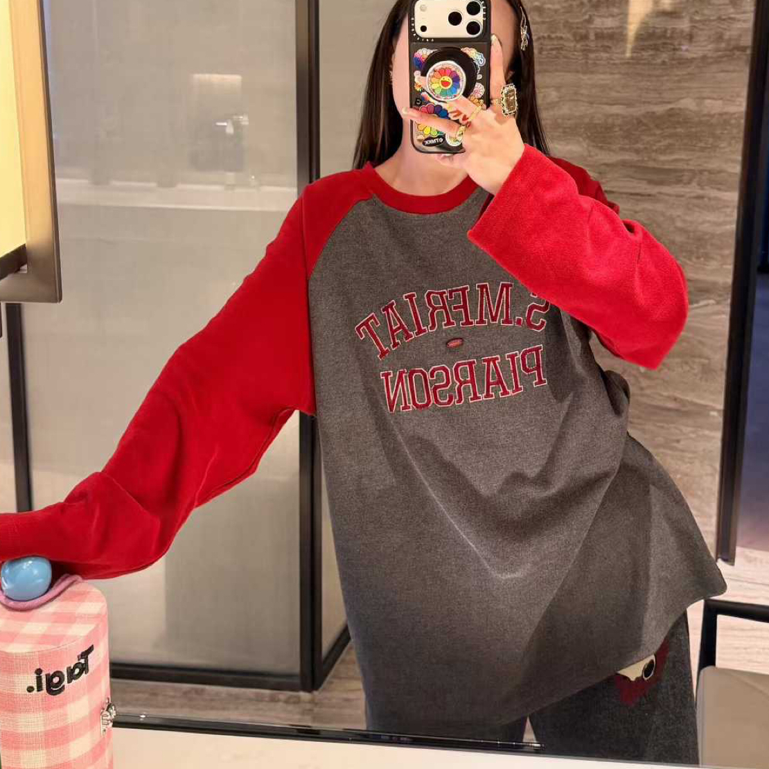 5777#深圳BOHAN秀秀家2025冬季新品红蓝袖插肩磨毛T恤