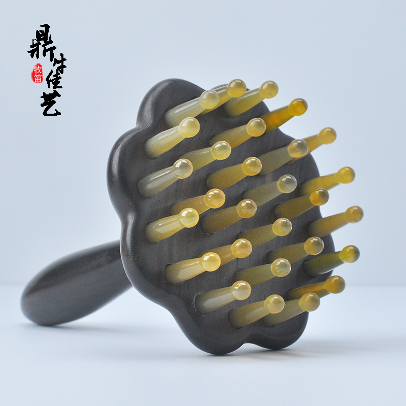 天然白牛角檀木荷花型按摩梳身体头部经络疏通梳家用防静电