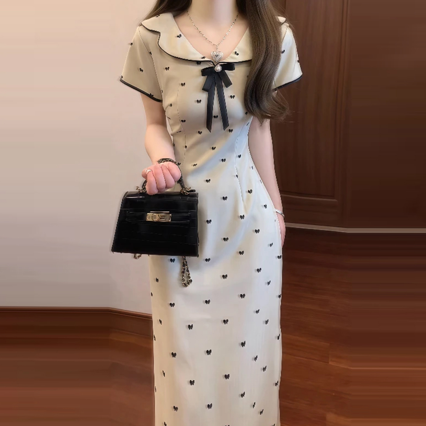 新中式改良旗袍娃娃领波点碎花连衣裙子女夏2025新款收腰国风长裙
