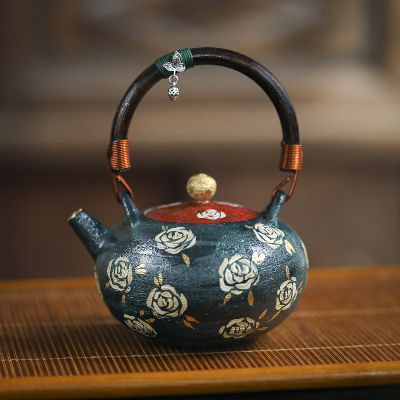 【小田甄陶】炼陶-蕉白轩-玫瑰提梁壶(180ml)（蕉白S0695）